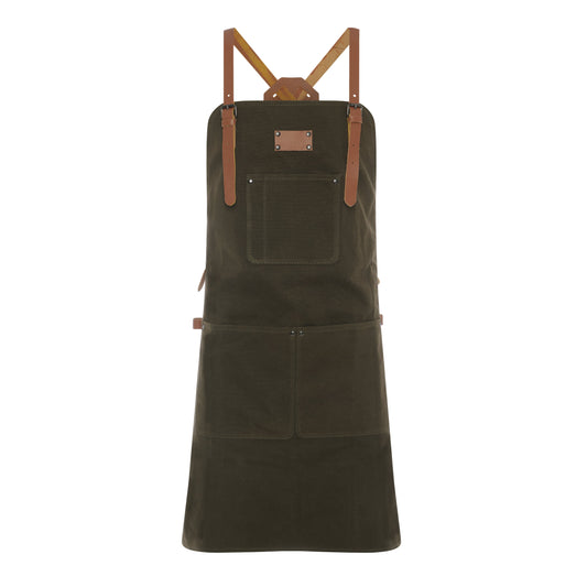 Waxed Canvas Work Apron with Leather Straps & Utility Pockets