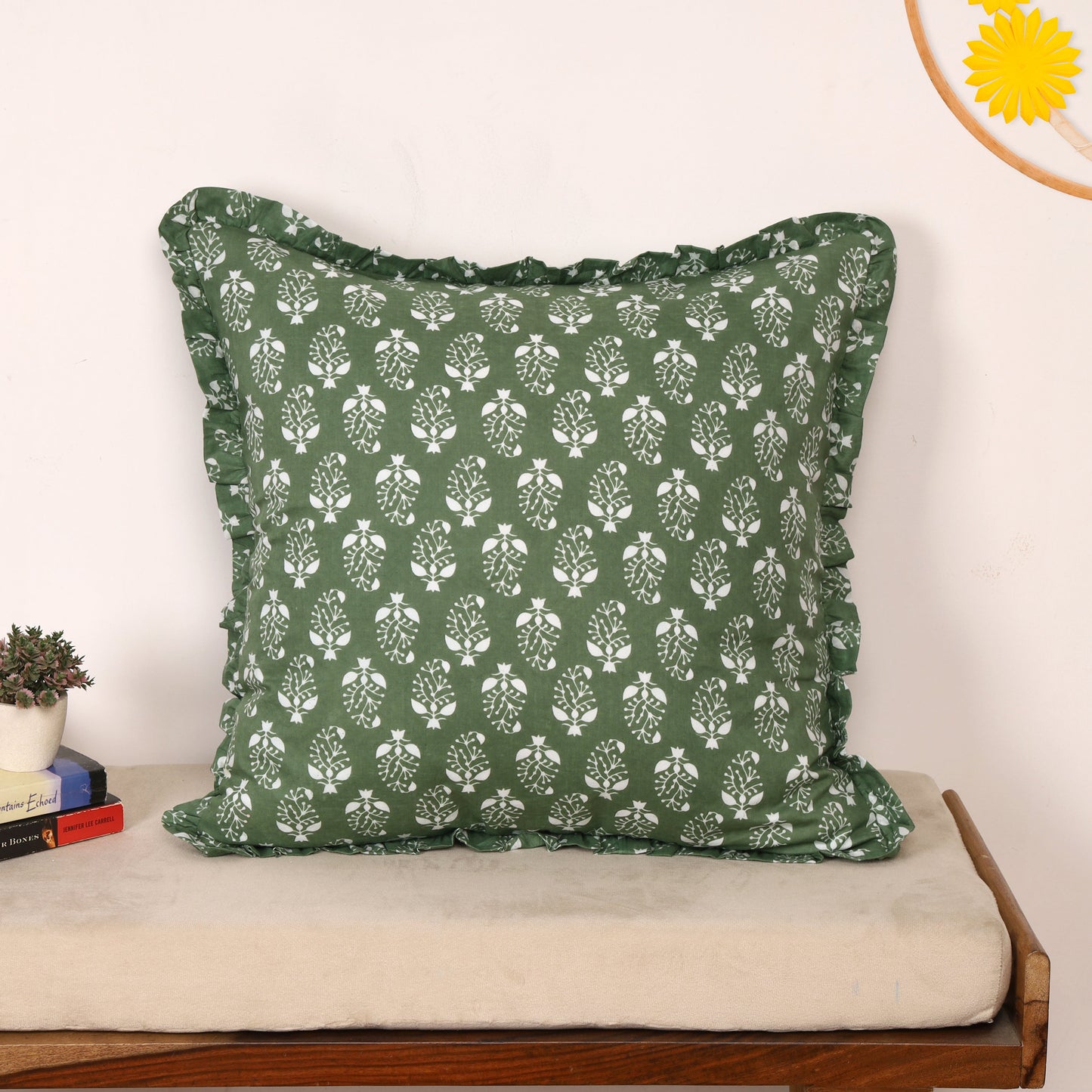 Block-Printed Pillow Cover | 20x20 Ruffled Cotton, Hidden Zipper