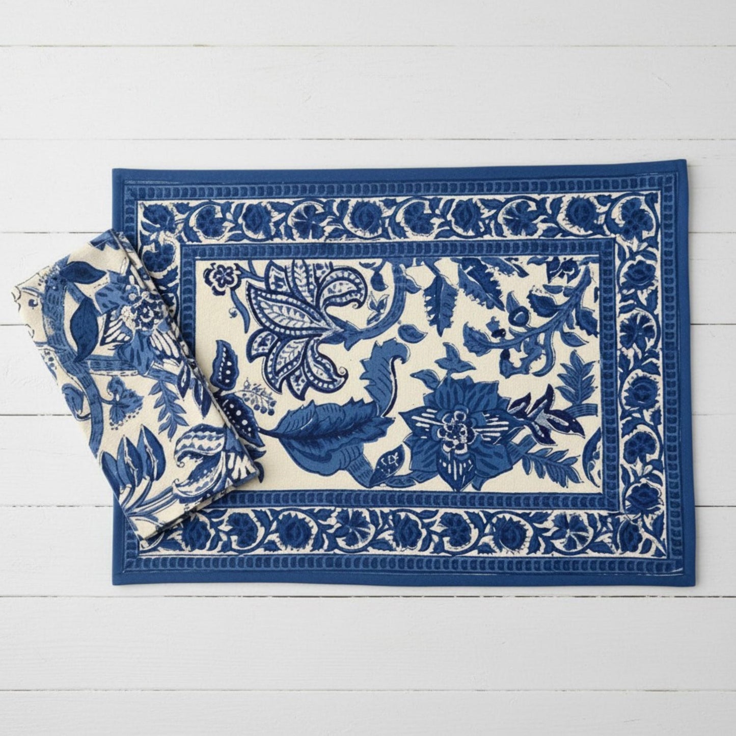 S/4 Cotton Placemat & Napkin, Blue Floral Block Print