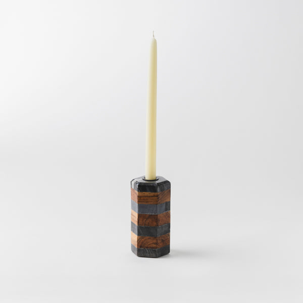 Striped Marble & Acacia Candleholder