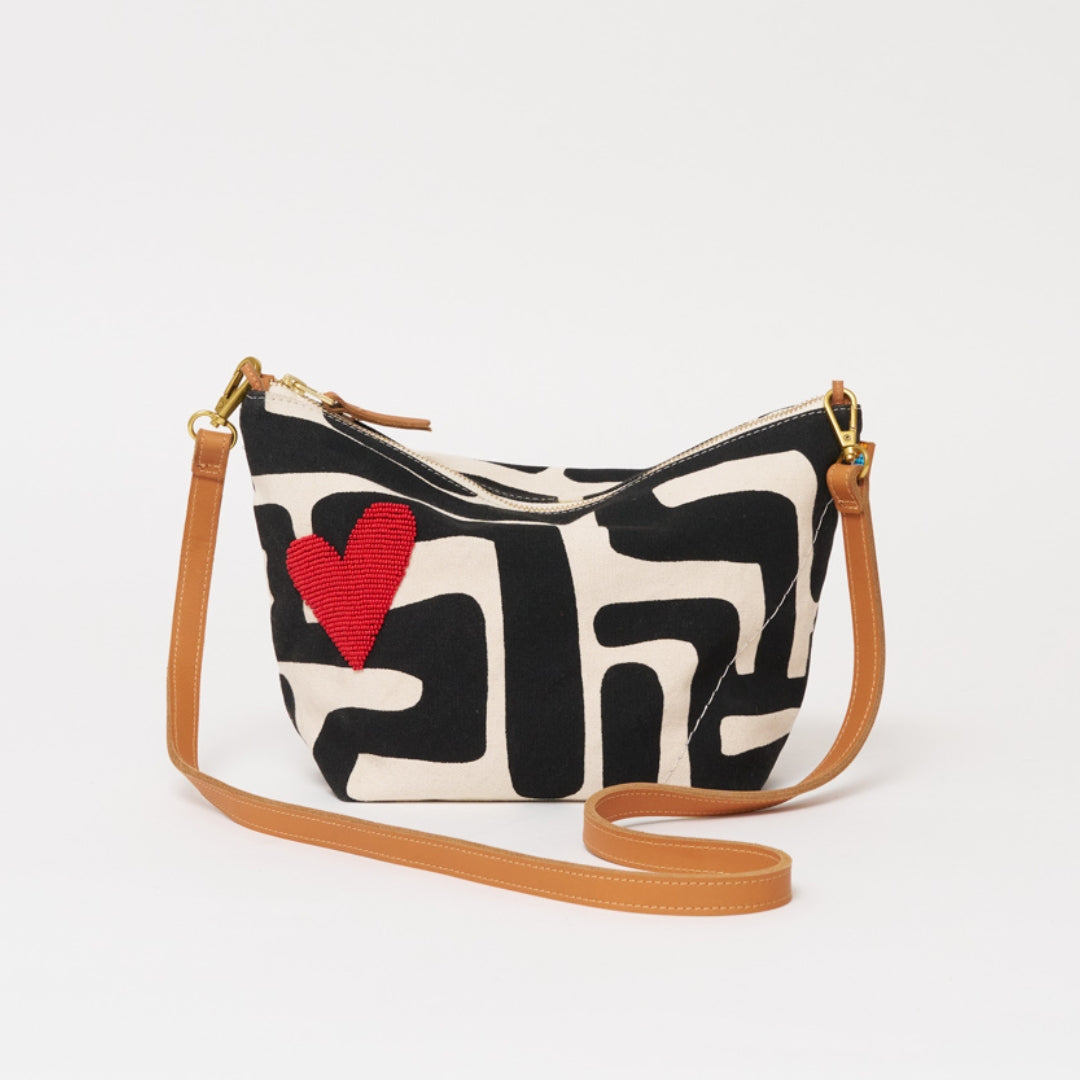 XLarge Convertible Pouch - Black Kuba with Red Beaded Heart