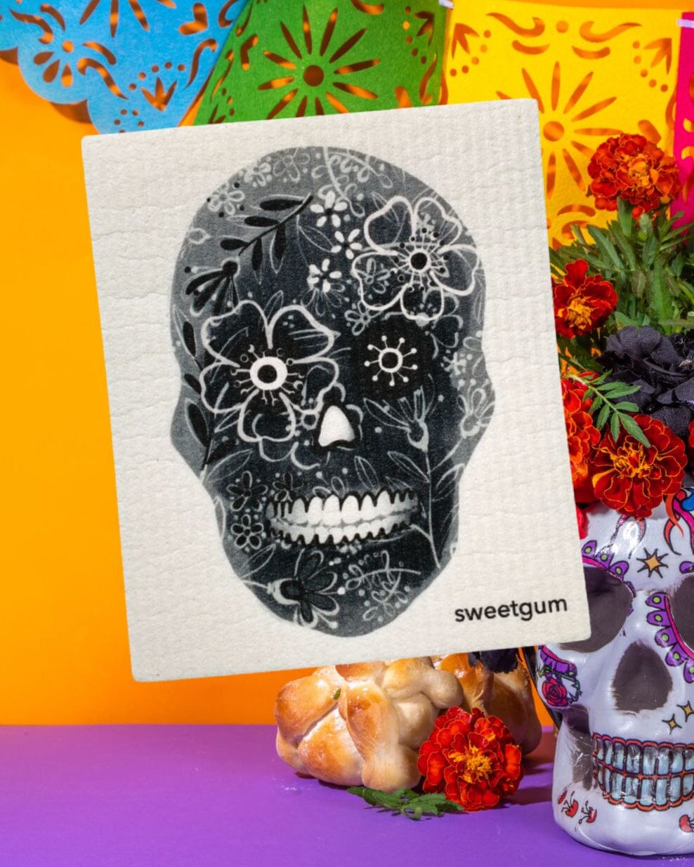 Black Flower Skull Swedish Dishcloth | Halloween & Dia de los Muertos