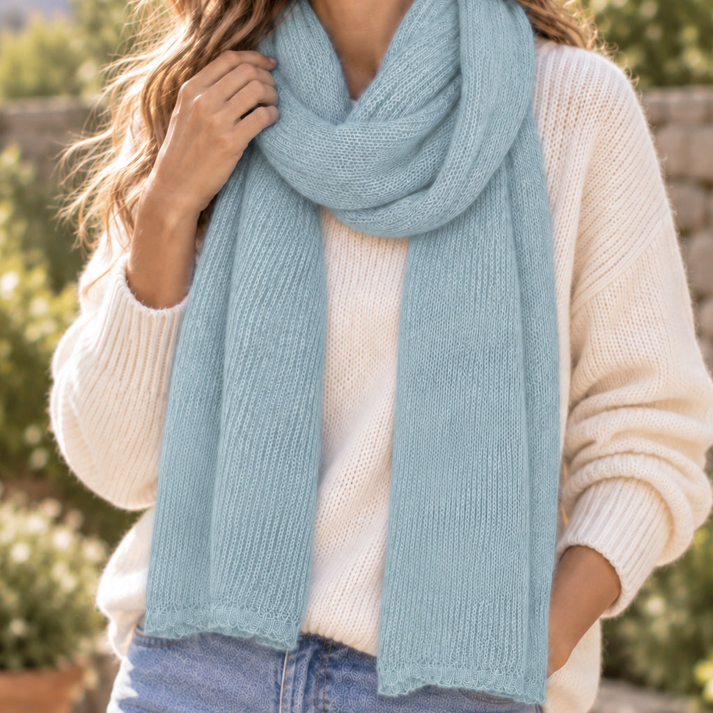 Ice Blue Handwoven Knit Alpaca Scarf