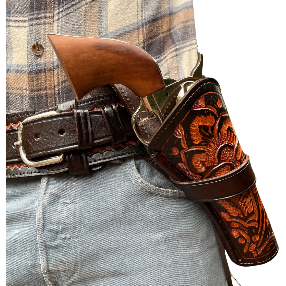 LEFT Cross Draw Tooled Leather Holster - Brown