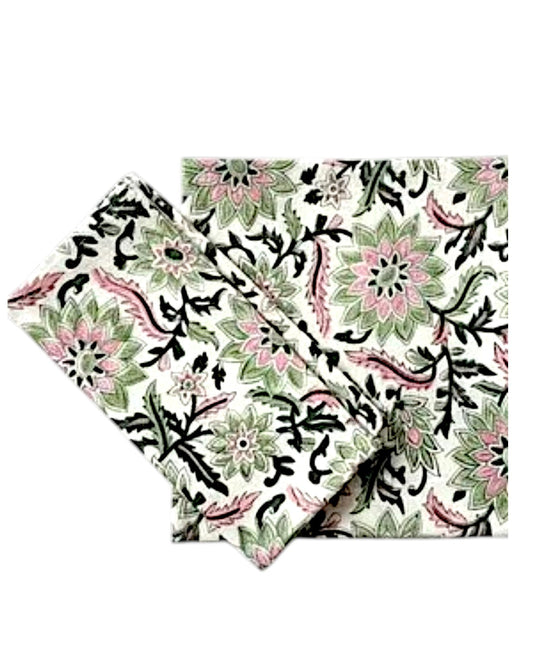 Pink Green Floral Cotton Napkins Set of 4, Hand Block Print Dining Table Decor