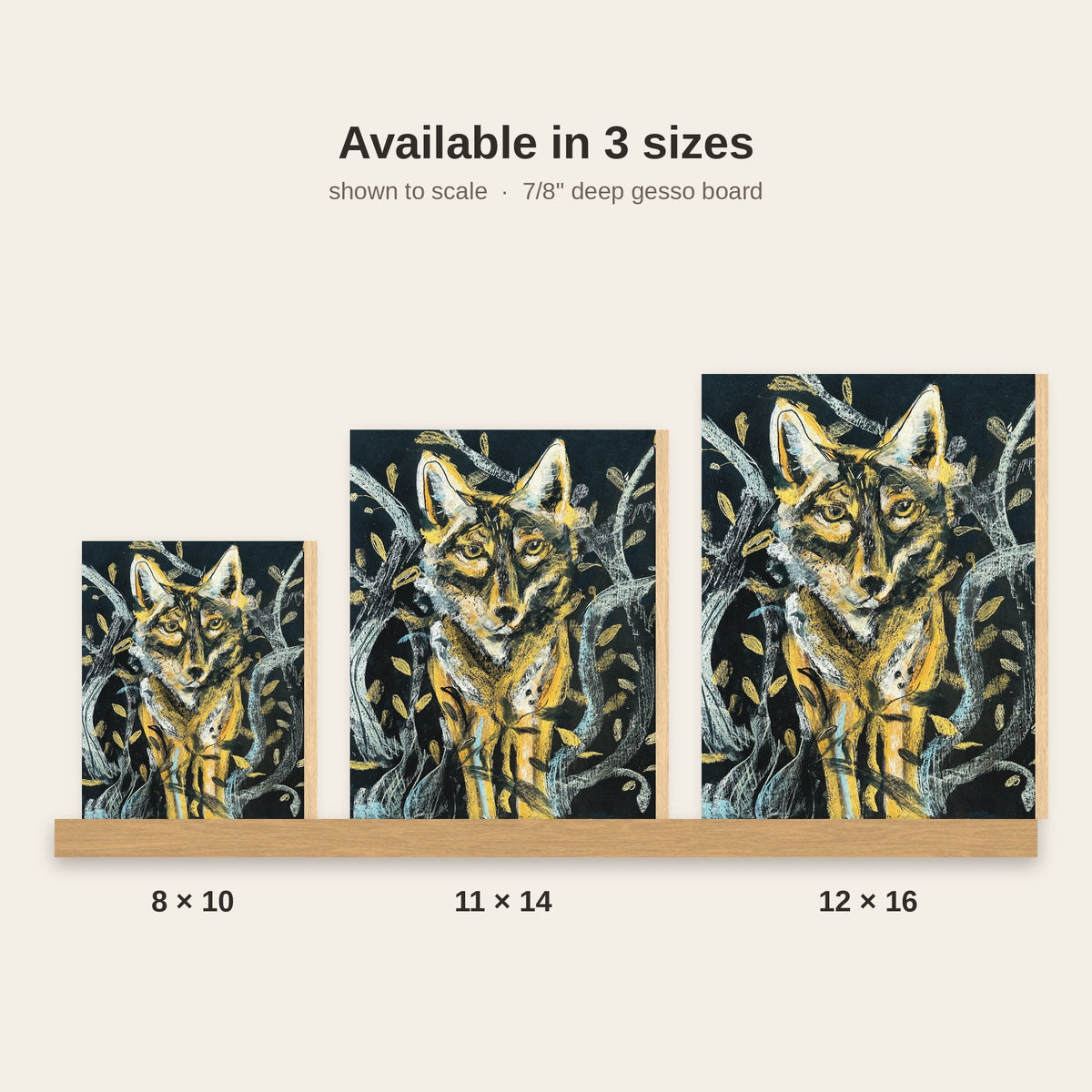 Coyote in the Woods: Moonlit Folk Art Print on Board, Wildlife Wall Art