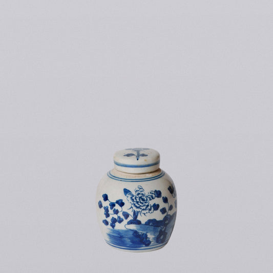Blue and White Porcelain Mini Peony Floral Round Jar