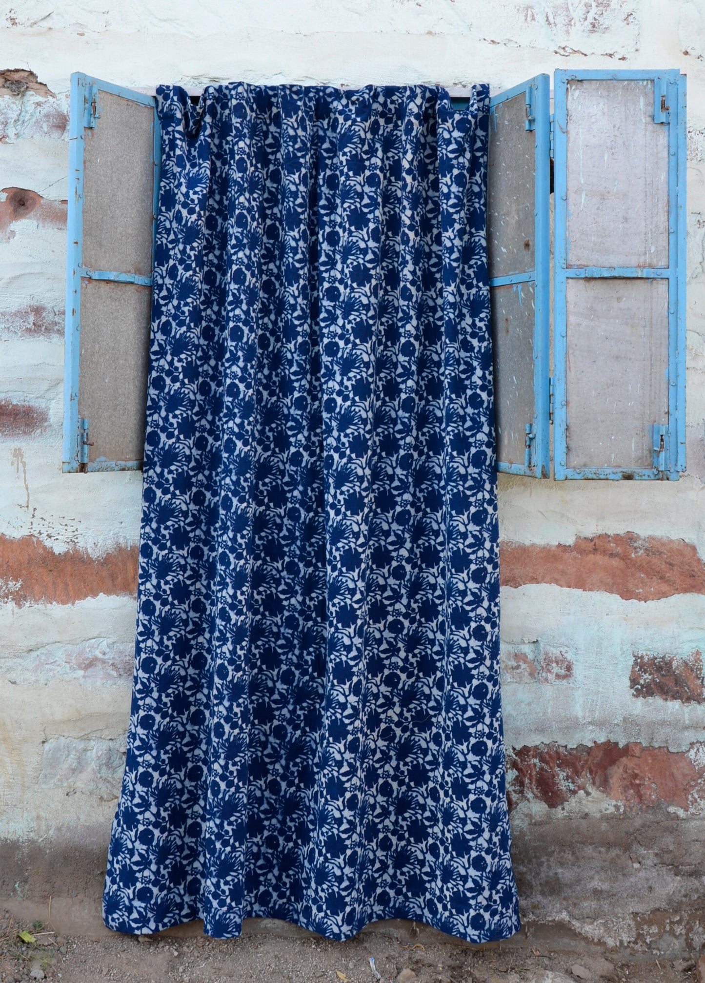 Boho Window Curtain - Blue Flowers Cotton Panel