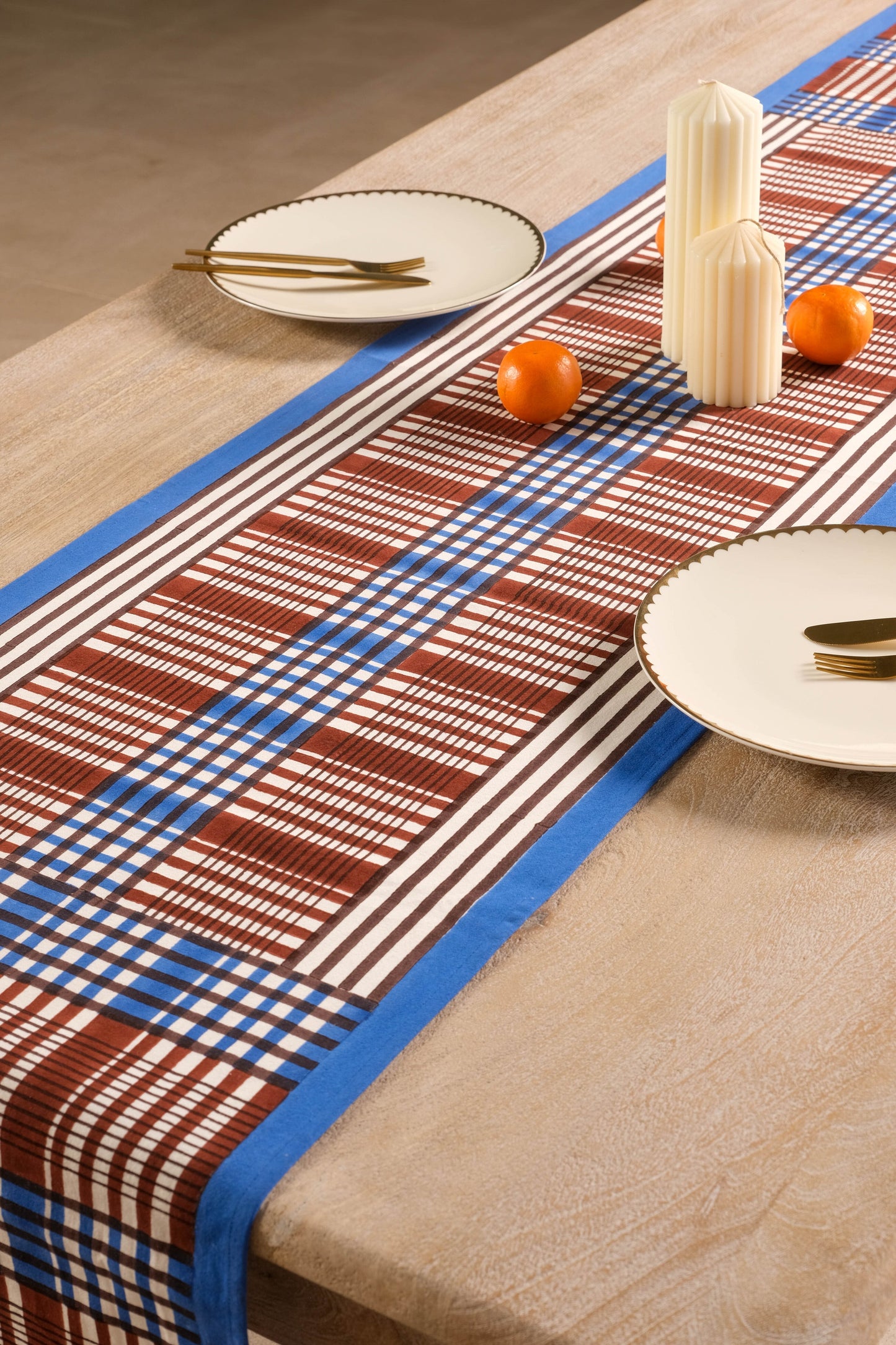 Shetland Plaid Blockprint Tablerunner in Brown and Blue