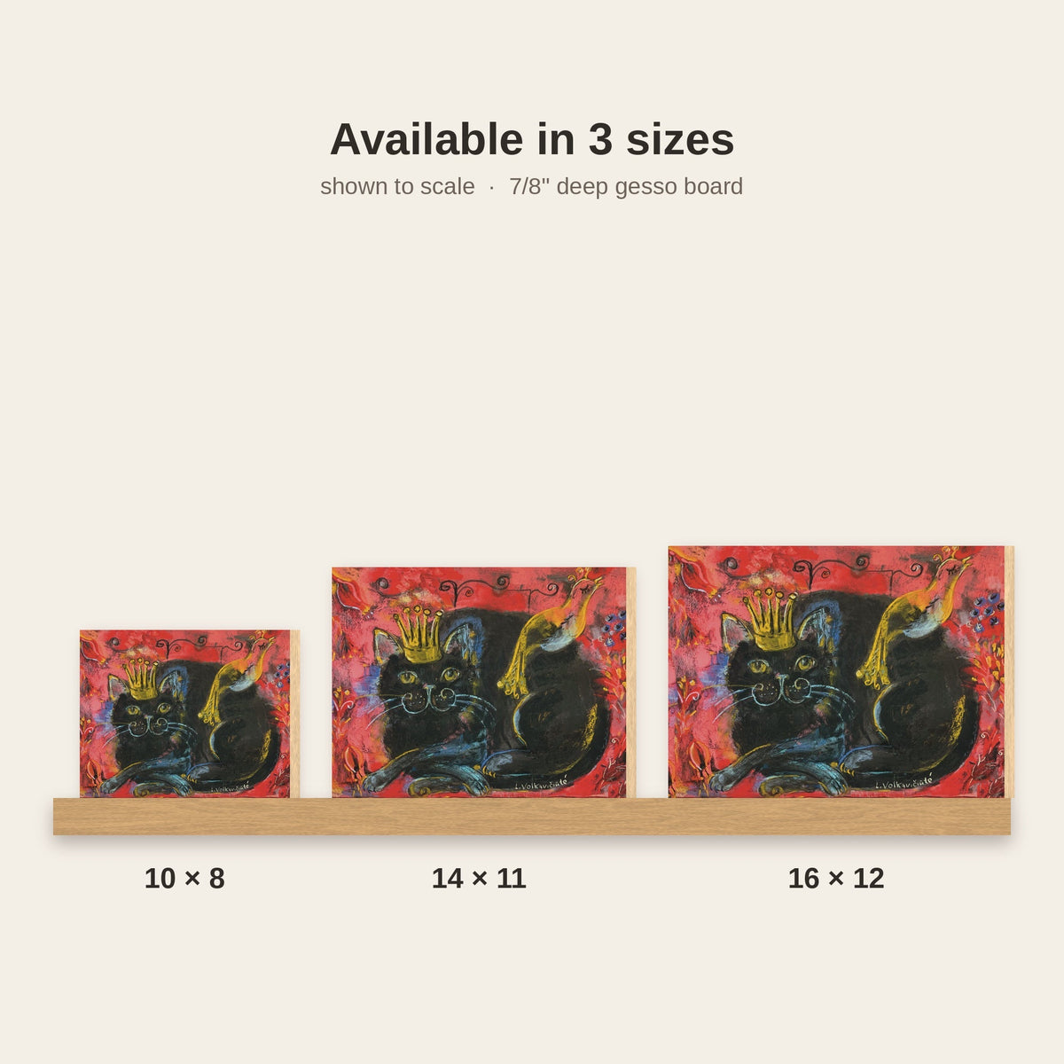 Crowned Black Cat with Bird: Red Folk Art Print on Board