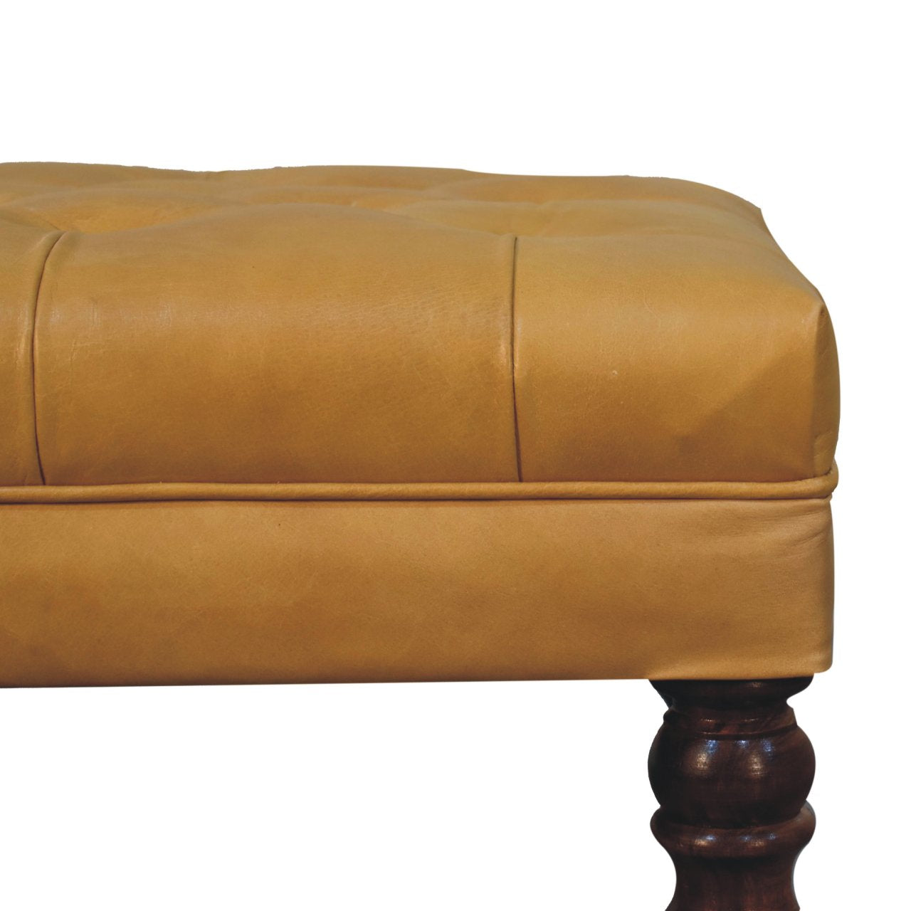 Solid Wood Honey Caramel Buffalo, Leather Ottoman with Castor Legs