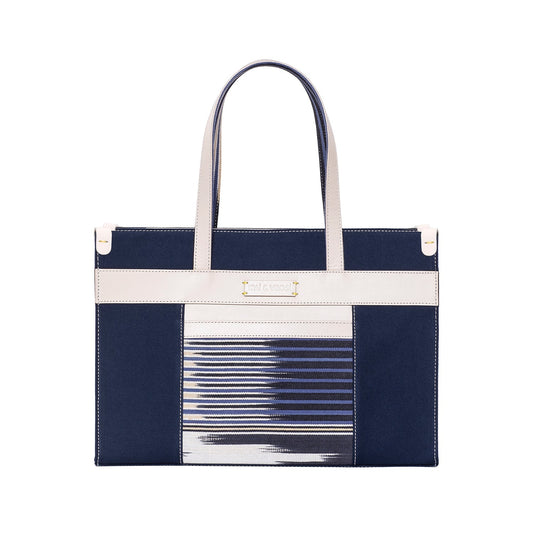 Navy Leather & Canvas Tote Bag with Pockets