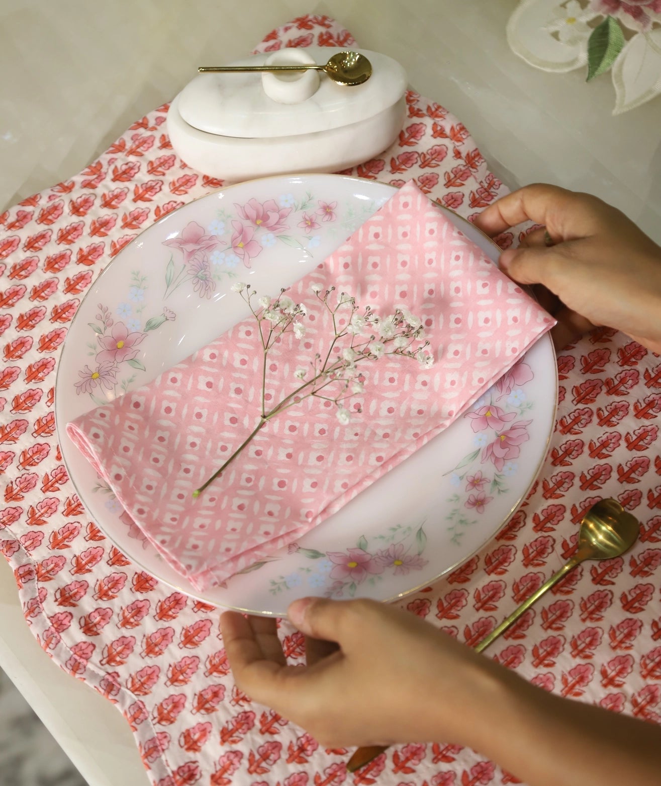 S/2 Bougainvillea Block Print Quilted Reversible Placemats
