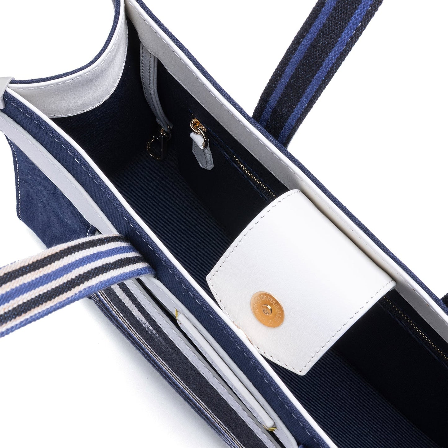 Navy Leather & Canvas Tote Bag with Pockets