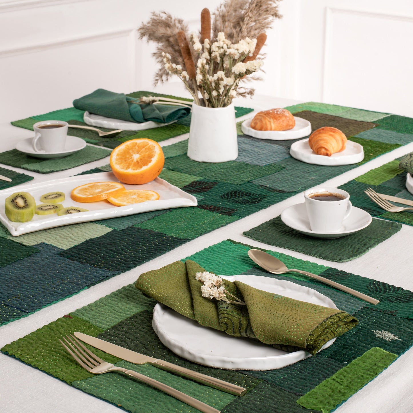 S/2 Landscape Fray Patch Vintage Kantha Placemat - Green