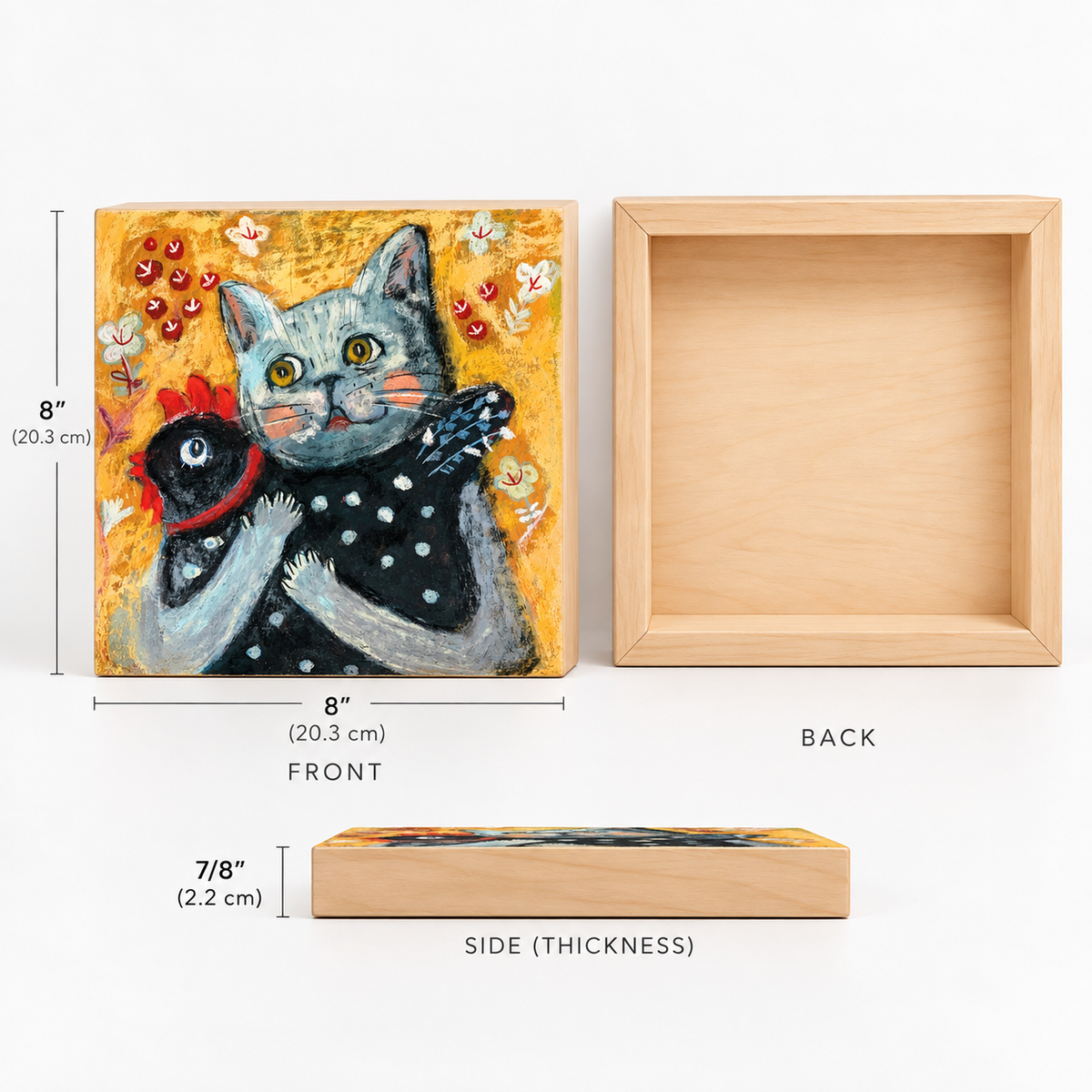Echoes of Innocence: Cat Hugging a Chicken, Whimsical Pastel Art Print on Board