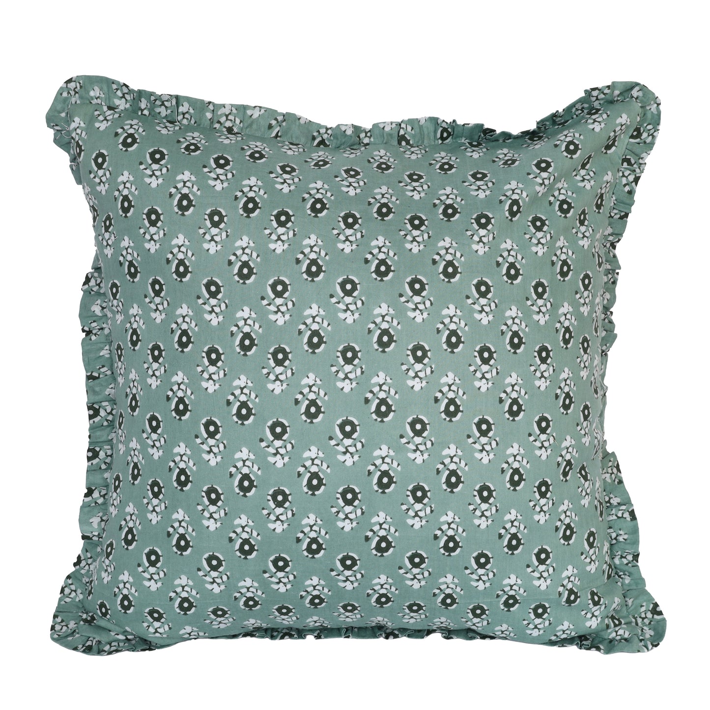 Block-Printed Pillow Cover | 20x20 Ruffled Cotton, Hidden Zipper