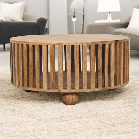 Solid Wood Slatted Round Coffee Table, Oak-ish, Light Brown