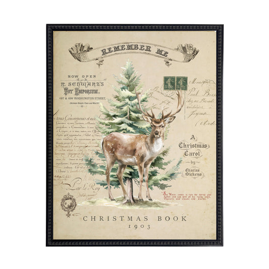 Vintage Painting of a Deer and Tree on a distressed bookplate background