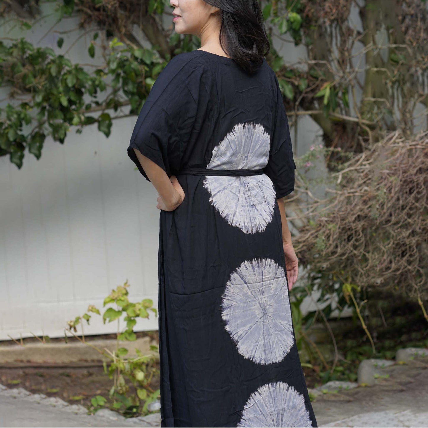 Kaftan Tie Dye Long Dress Shibori Black White Floral Pattern