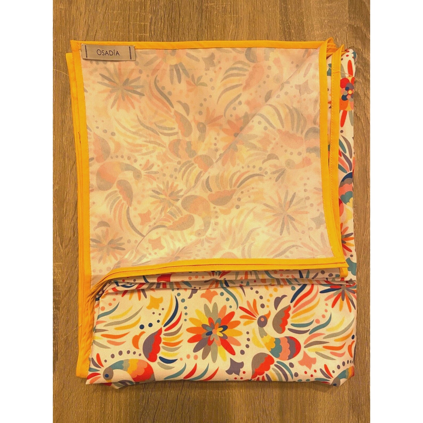 Osadia Handmade White Otomi Print Tablecloth - Yellow Trim