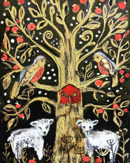 Tree of Life: Apple Tree and Lambs Soft Pastel Art Print on Board