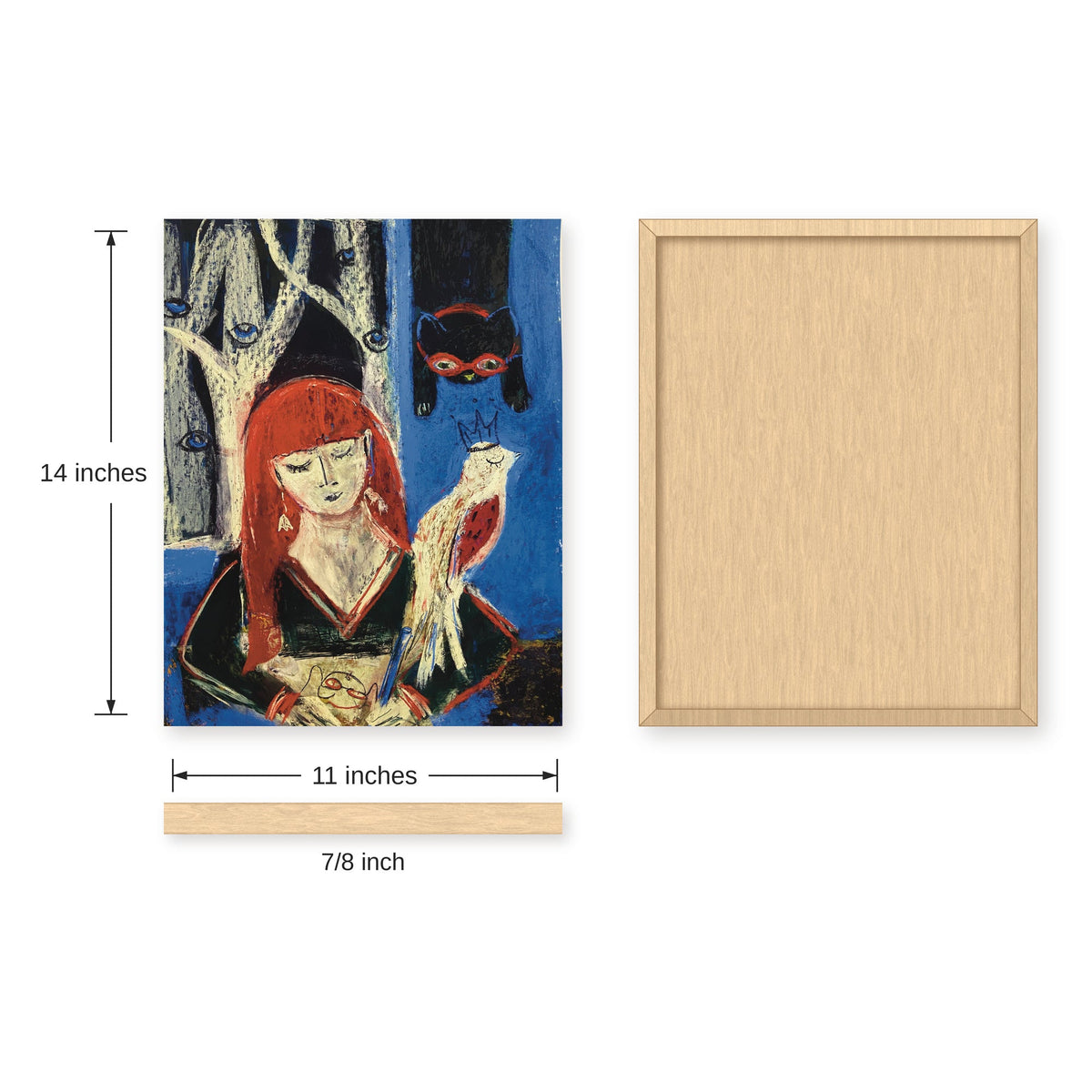 Night Time Art: Red-Haired Girl with a Cat and a Bird, Pastel Art Print on Board