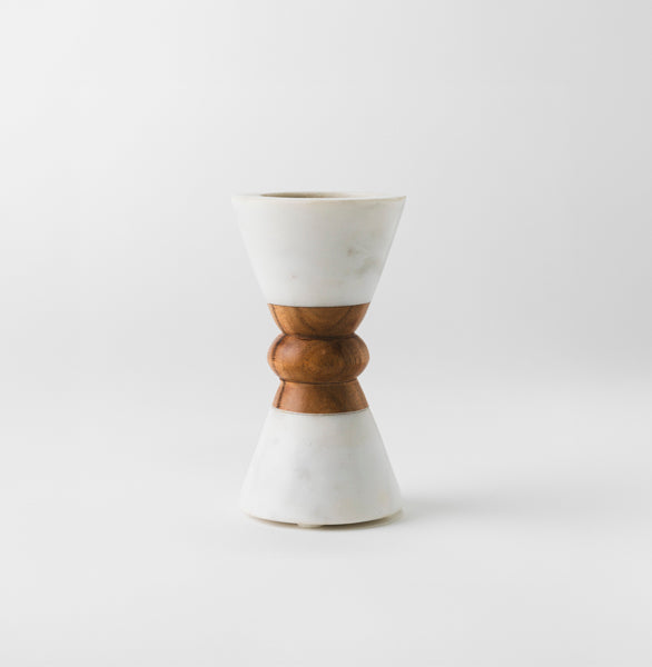 Heirloom Marble & Acacia Candleholder – White