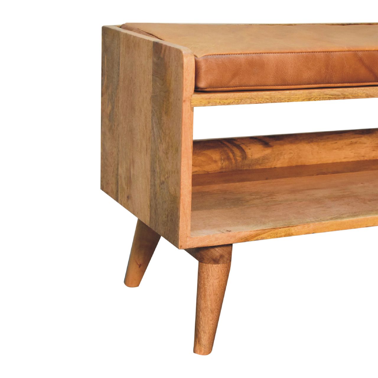 Solid Wood Bench with Leather Upholstered Seat