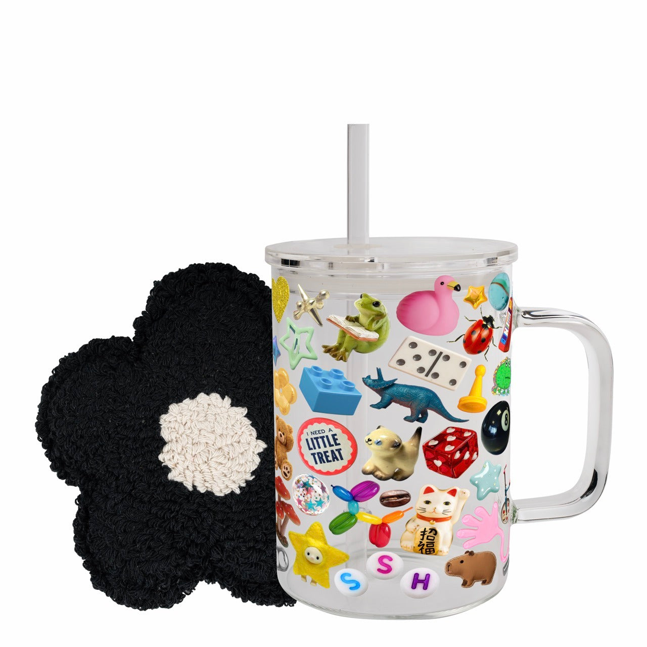 Trinket Core 17oz Glass Mug & Black Daisy Mug Rug Bundle