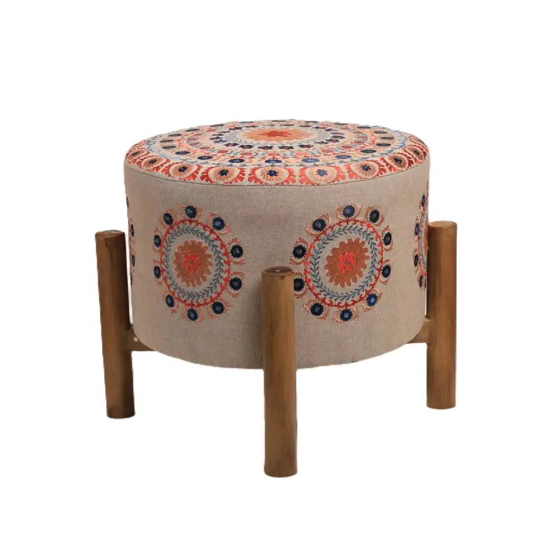 Mandala Design Embroidered Stool | 16x14" | Beige | Cotton