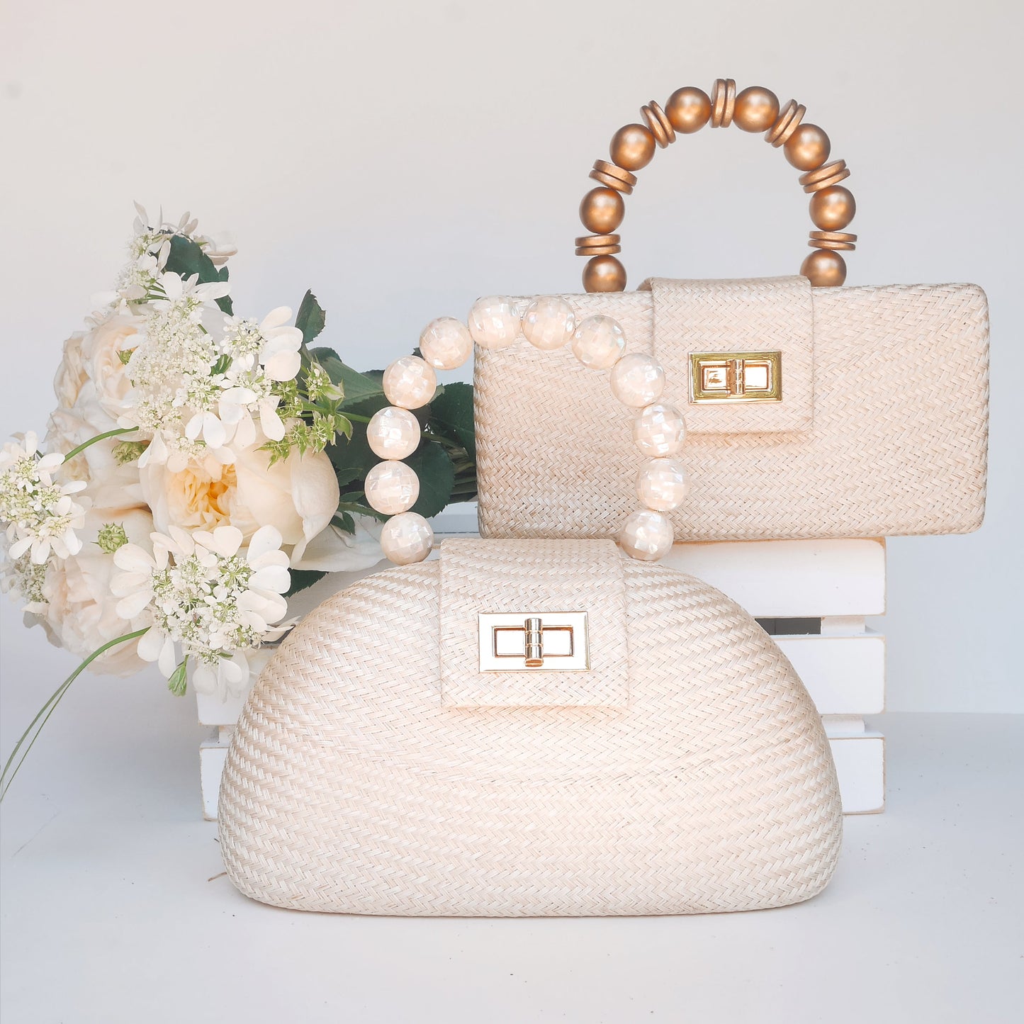 THE ORLA Cream Woven Straw & Shell Pearl Bead Statement Clutch Bag