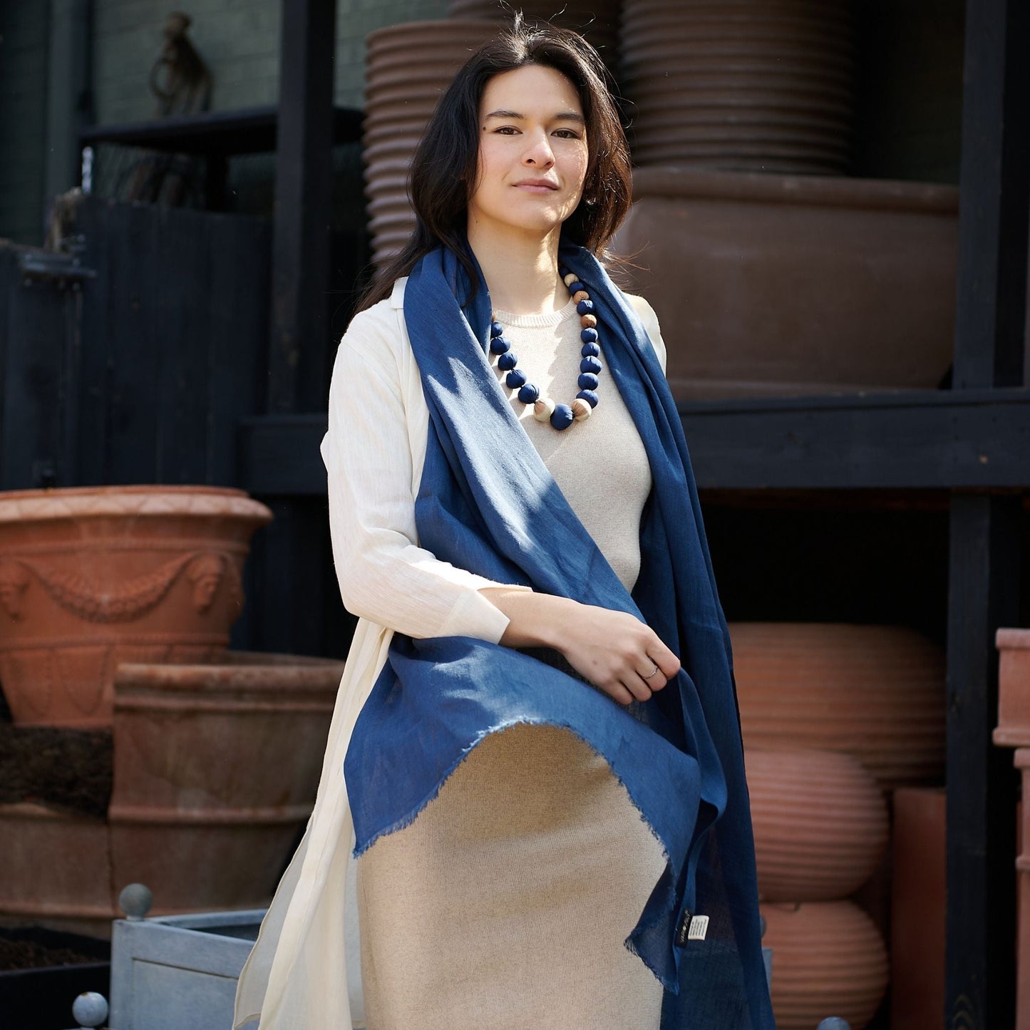 Midnight Navy Blue Hand Woven Linen Silk Blend Scarf