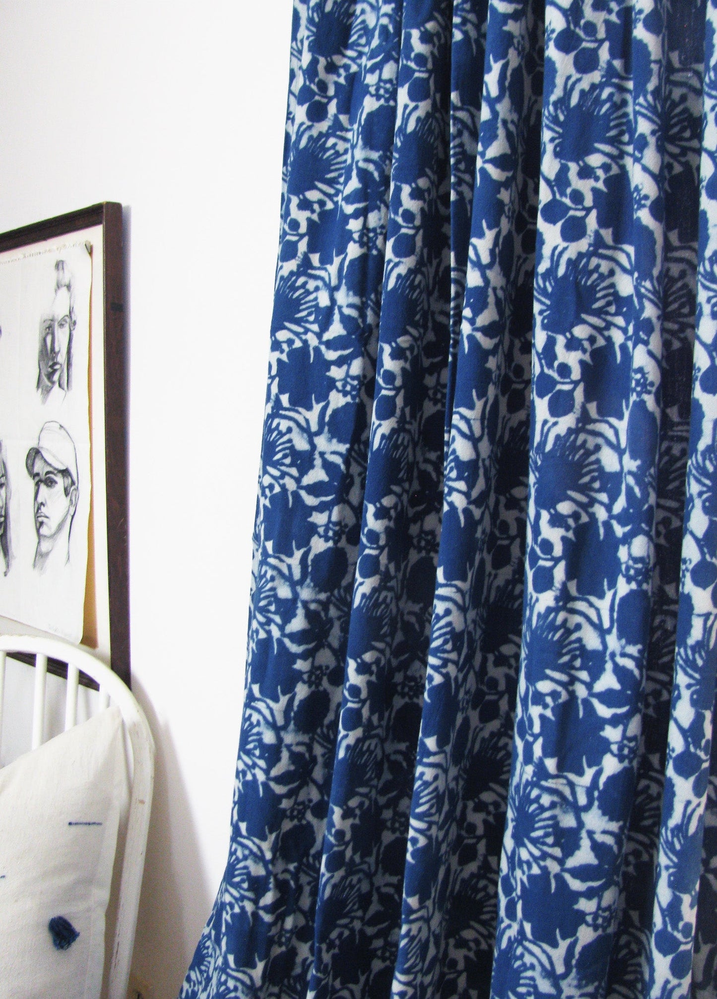 Boho Window Curtain - Blue Flowers Cotton Panel