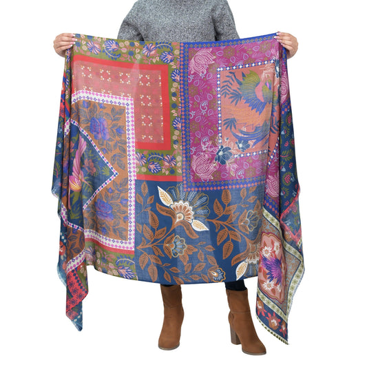 Songbird Rectangle Wool Scarf - Blue Red