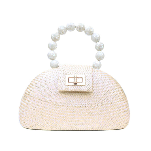 THE ORLA Cream Woven Straw & Shell Pearl Bead Statement Clutch Bag