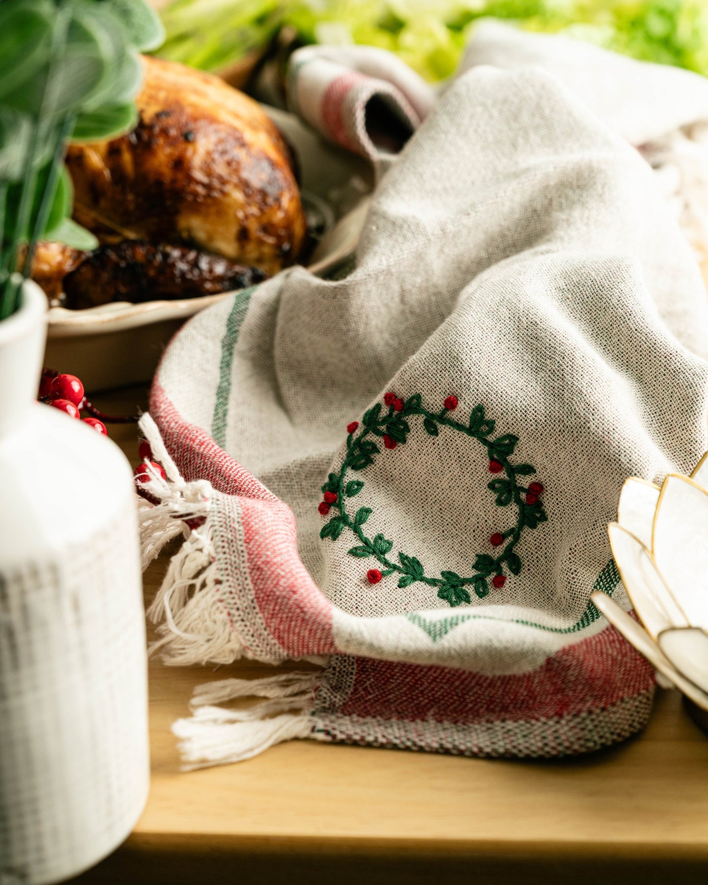 Wreath Hand-Stitched Tea Towel Set