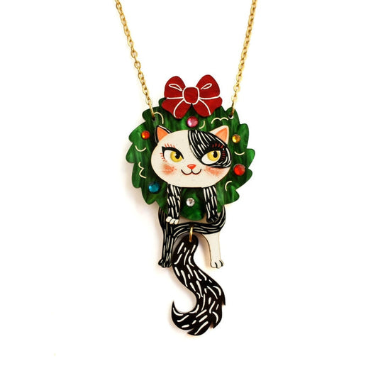 Cat in A Christmas Wreath Necklace by Laliblue