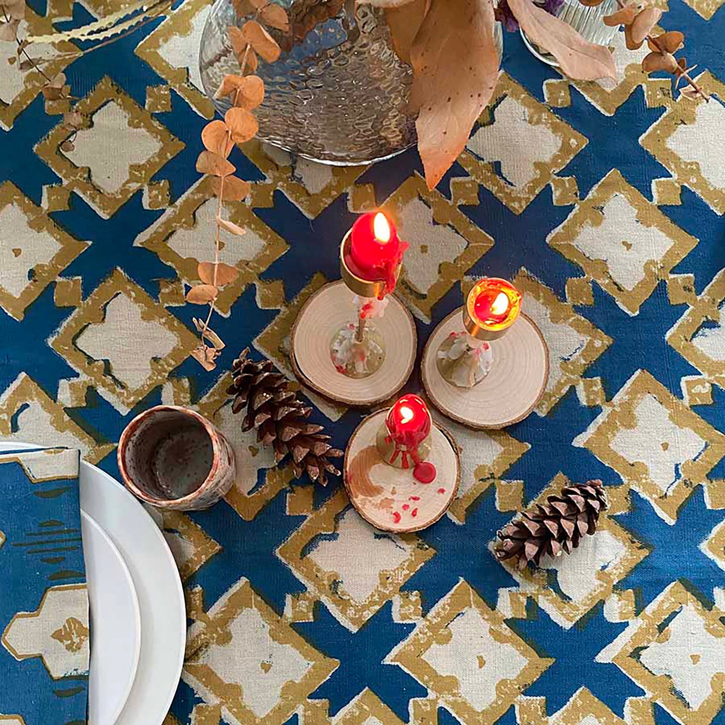 Boho Organic Cotton Tablecloth - Hopi Blue