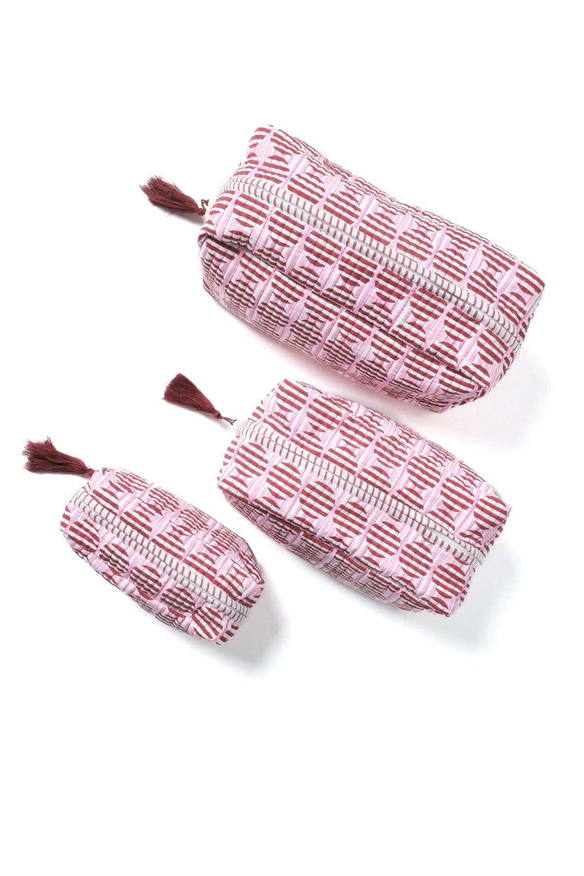 Striped Circles Blockprint Makeup Bag in Burgundy and Pink