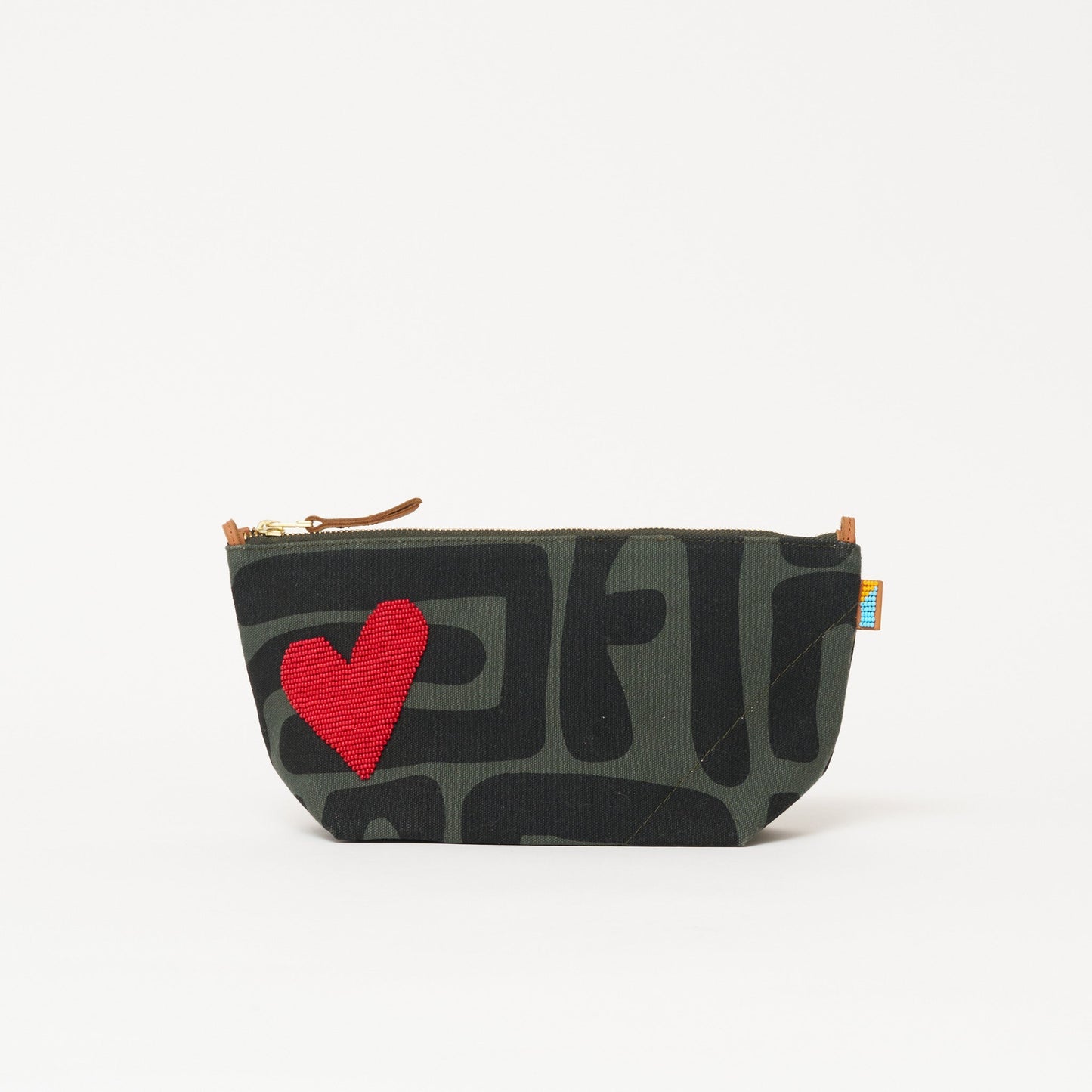 Large Convertible Pouch - Safari Kuba with Beaded Red Heart with Short Leather Strap