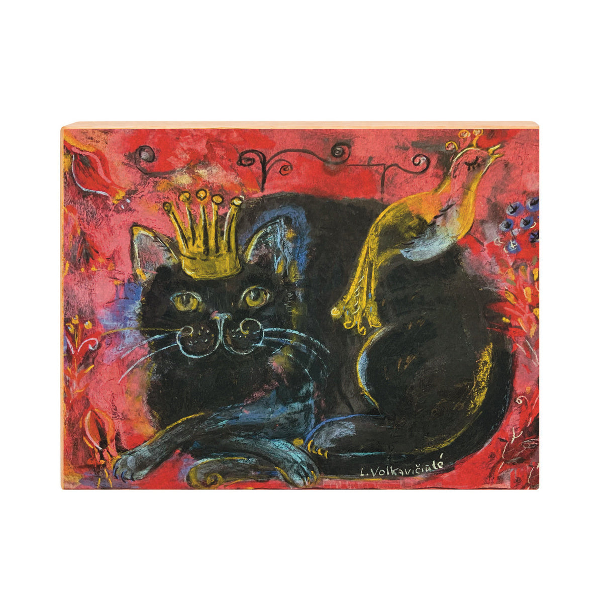 Crowned Black Cat with Bird: Red Folk Art Print on Board