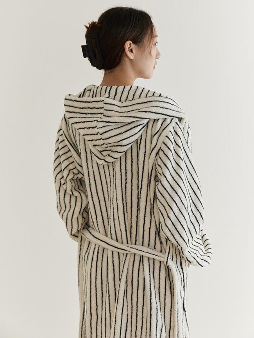 Scandi Retro 100% Long-stapled Cotton Stripe Hooded Bathrobe