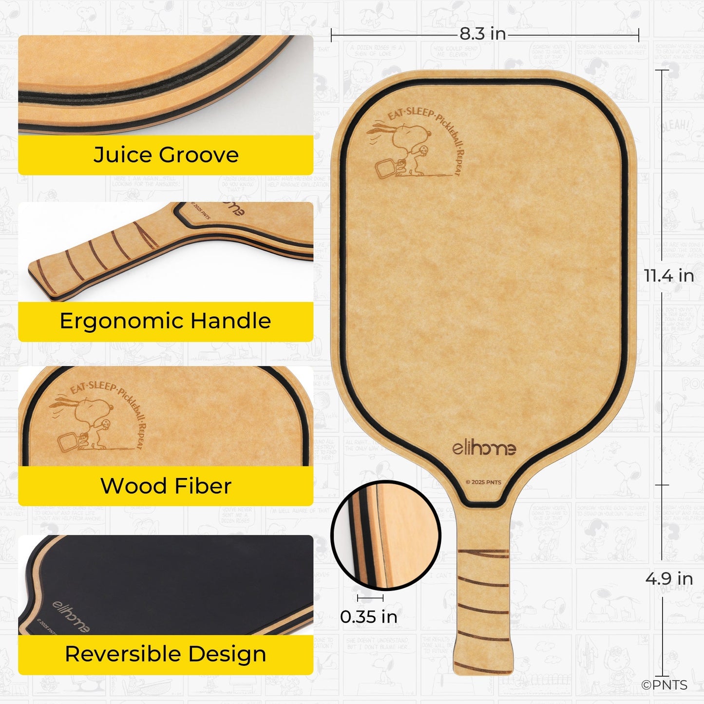 Elihome x Peanuts Pickleball Charcuterie Cutting Board -"Eat Sleep Pickleball Repeat"