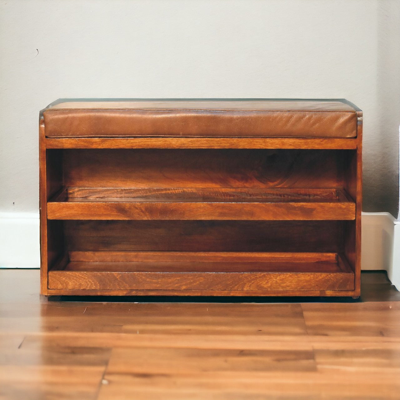 Solid Wood Buffalo Hide Pull-Out Chestnut Shoe Storage Bench
