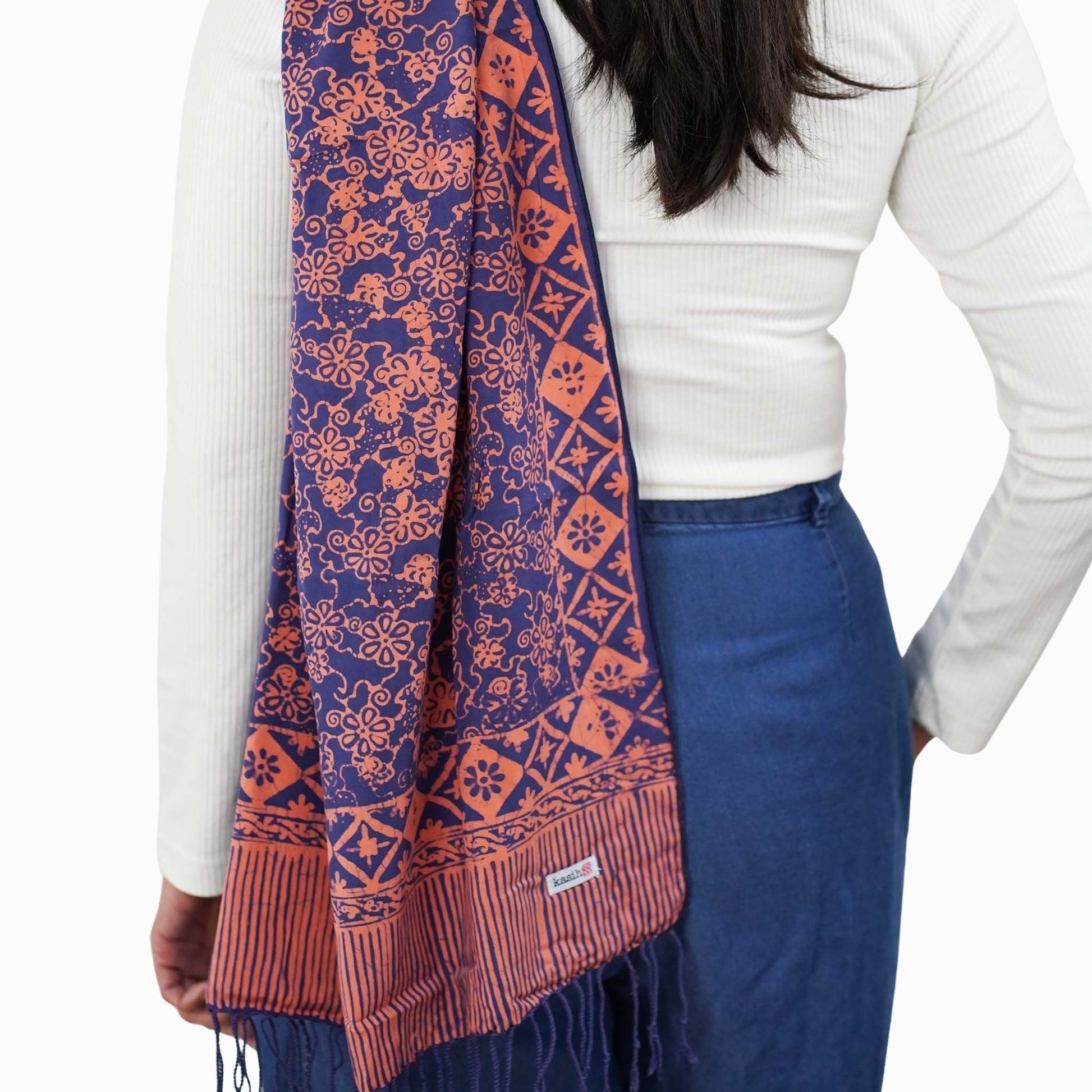 Hand Dyed Batik Scarf, Soft Cotton, Mangosteen, Blue, Pink, Fruit, Floral - Osadia Concept Store