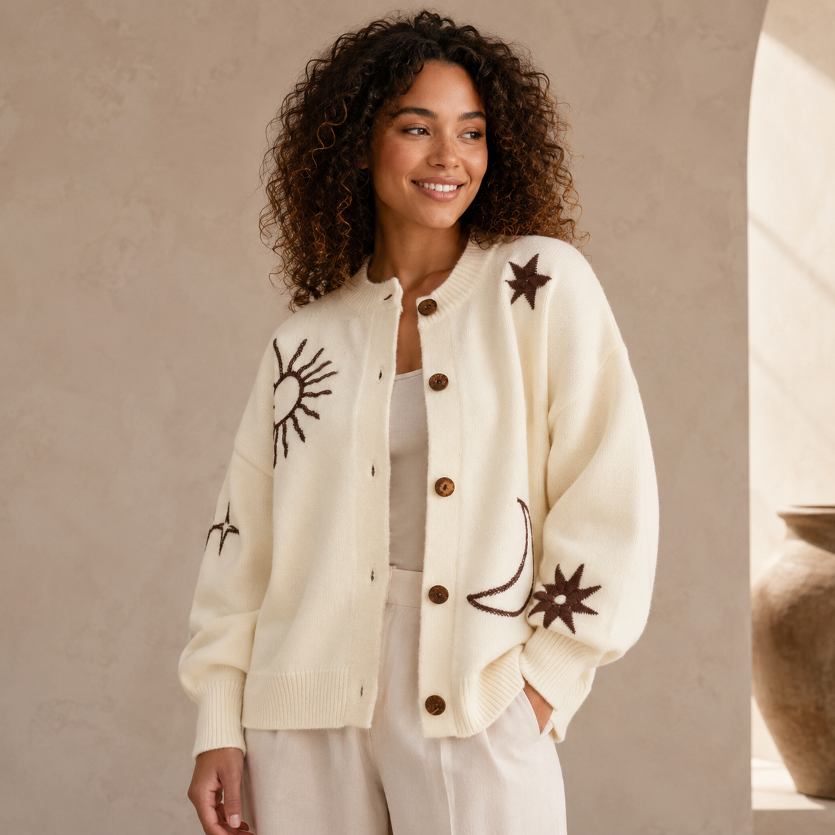Cream Celestial Embroidered Cardigan