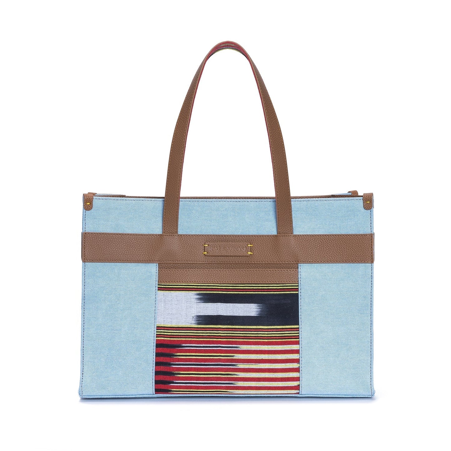 Tobacco Leather & Denim Canvas Tote Bag with Pockets