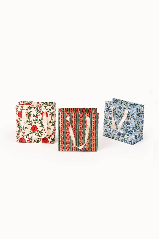 Small (Set of 3) Floral & Stripes Gift Bags - Block Print