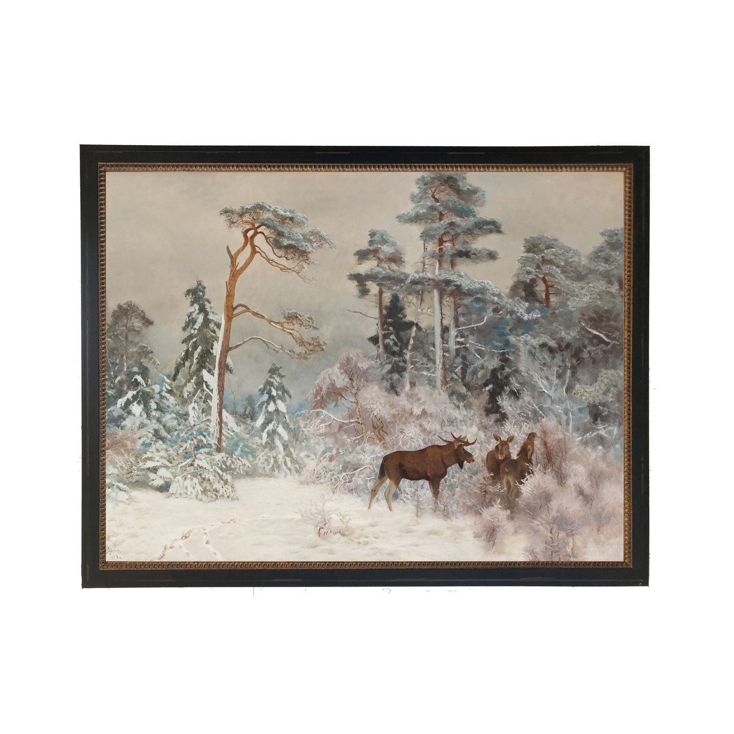Vintage Oil Reproduction of Moose in the Snowy Woods
